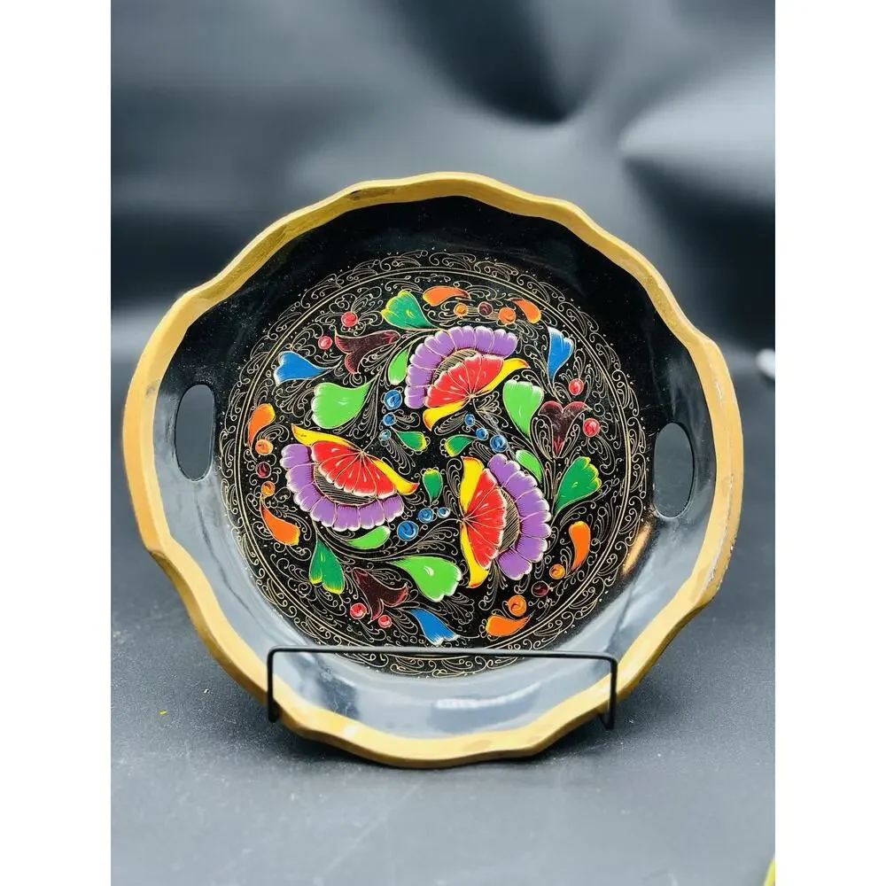 Mexican Batea Wooden Multi-Colored Floral Decorative Tray 11”